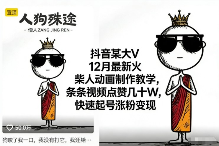 抖音某大V12月最新火柴人动画制作教学，条条视频点赞几十W，快速起号涨粉变现-赚金金-技能学习分享