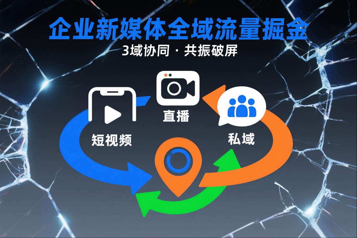 短视频全域商业模式，企业新媒体全域流量掘金，3域协同，共振破屏，短视频-直播-私域-地域-赚金金-技能学习分享