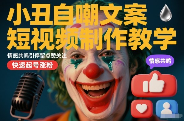 小丑自嘲文案短视频制作教学，情感共鸣引停留点赞关注，快速起号涨粉-赚金金-技能学习分享