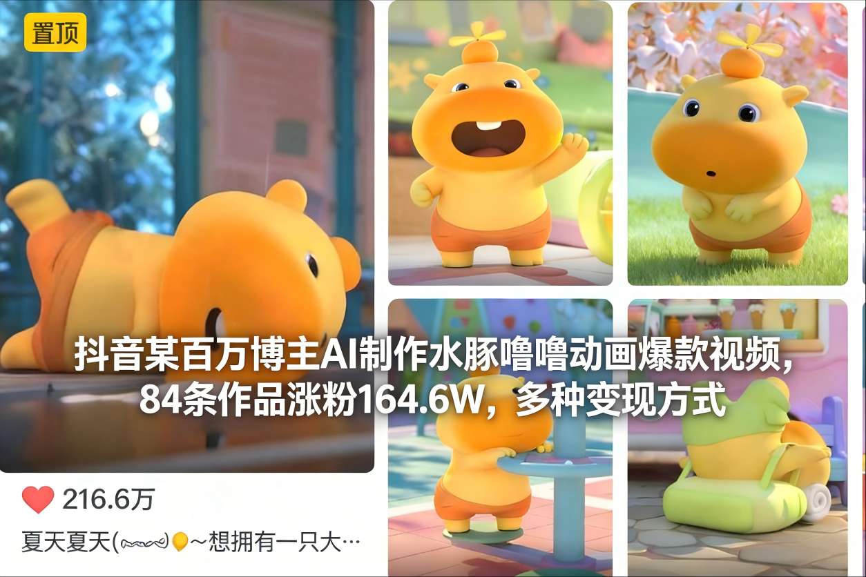 抖音某百万博主AI制作水豚噜噜动画爆款视频，84条作品涨粉164.6W，多种变现方式-赚金金-技能学习分享