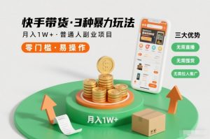 快手带货3种暴力玩法，月入1W+，无需直播、无需囤货、无需拉人推广，适合普通人副业项目-赚金金-技能学习分享