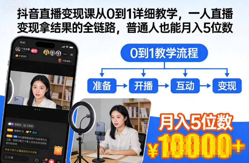 抖音直播变现课从0到1详细教学，一人直播变现拿结果的全链路，普通人也能月入5位数-赚金金-技能学习分享