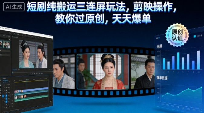 短剧纯搬运三连屏玩法，剪映操作，教你过原创，天天爆单-赚金金-技能学习分享