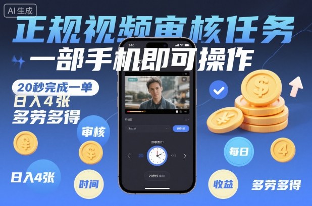 正规视频审核任务，一部手机即可操作，20秒完成一单，日入4张，多劳多得【揭秘】-赚金金-技能学习分享