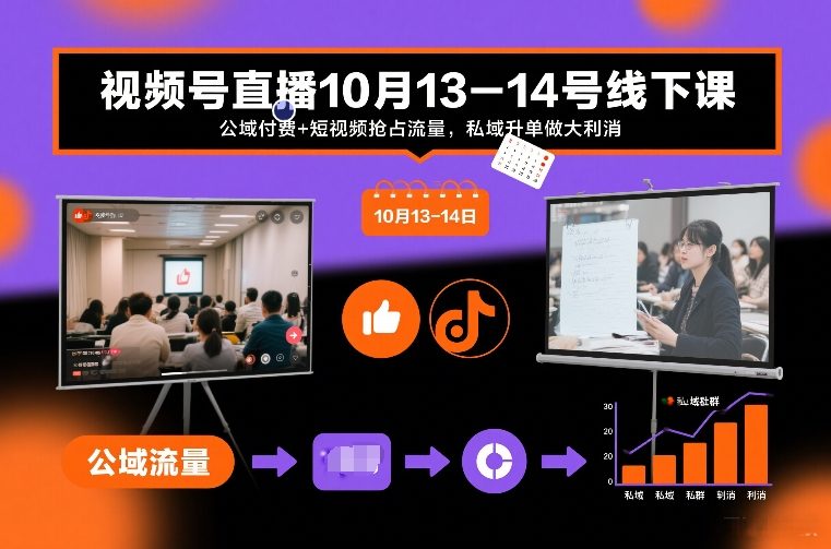 视频号直播10月13-14号线下课，公域付费+短视频抢占流量，私域升单做大利消-赚金金-技能学习分享