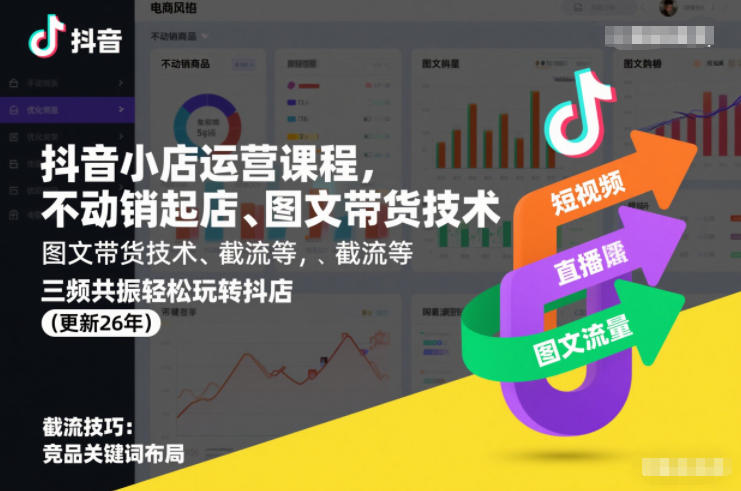 抖音小店运营课程，不动销起店、图文带货技术、截流等，三频共振轻松玩转抖店(更新26年)-赚金金-技能学习分享