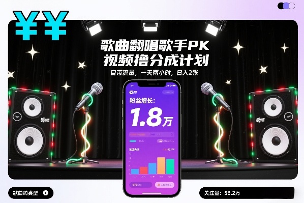 歌曲翻唱歌手PK视频撸分成计划，自带流量，一天两小时，日入2张-赚金金-技能学习分享