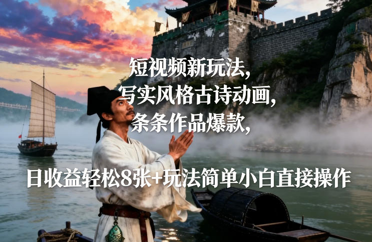 短视频新玩法，写实风格古诗动画，条条作品爆款，日收益轻松8张+玩法简单小白直接操作-赚金金-技能学习分享