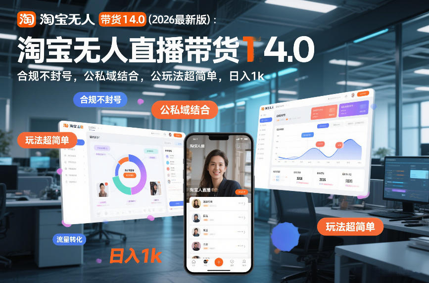 淘宝无人直播带货14.0（2026最新版）：合规不封号，公私域结合，玩法超简单，日入1k+【揭秘】-赚金金-技能学习分享