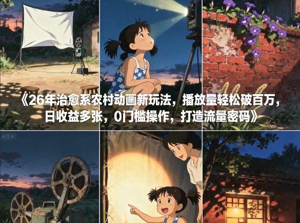 26年治愈系农村动画新玩法，播放量轻松破百万，日收益多张，0门槛操作，打造流量密码-赚金金-技能学习分享