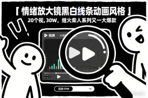 情绪放大镜黑白线条动画风格，20个视频，涨粉30W，继火柴人系列又一大爆款-赚金金-技能学习分享