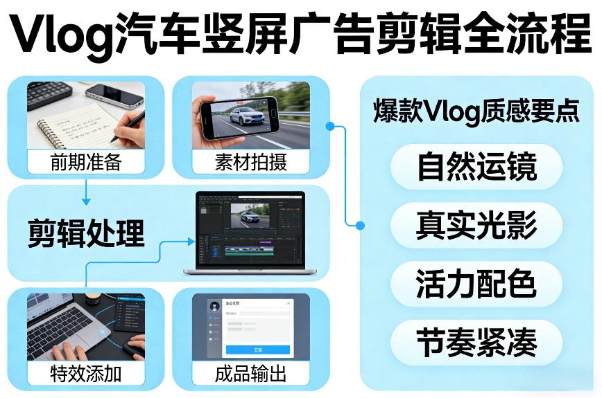 Vlog感觉汽车竖屏广告剪辑脚本全流程，拿捏爆款Vlog质感-赚金金-技能学习分享