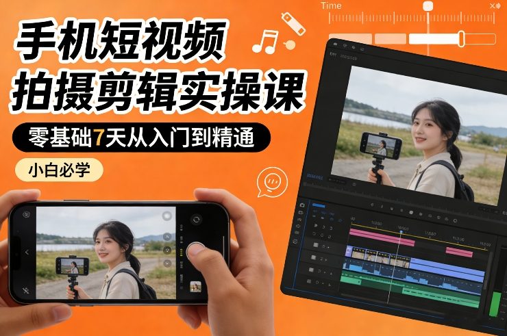 手机短视频拍摄剪辑实操课，零基础7天从入门到精通，小白必学-赚金金-技能学习分享