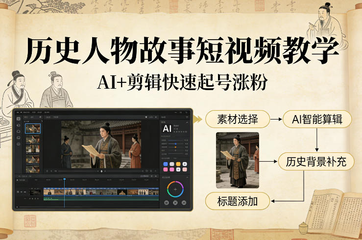 历史人物故事短视频教学，AI+剪辑制作历史人物题材短视频，快速起号涨粉-赚金金-技能学习分享