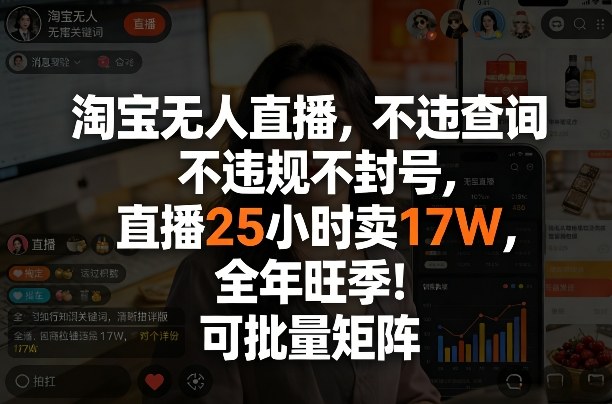 淘宝无人直播，不违规不封号，直播25小时卖17W，全年旺季！可批量矩阵【揭秘】-赚金金-技能学习分享