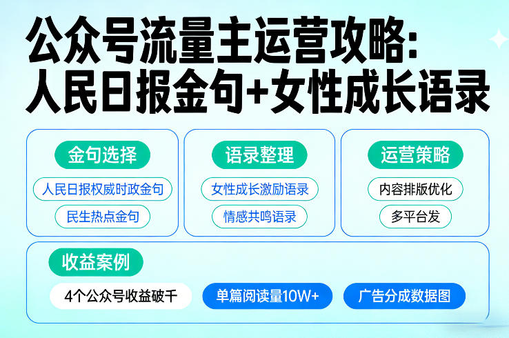 利用人民日报金句+女性成长语录做公众号流量主，4个公众号收益破千-赚金金-技能学习分享