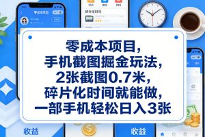 零成本项目，手机截图掘金玩法，2张截图0.7米，碎片化时间就能做，一部手机轻松日入3张【揭秘】-赚金金-技能学习分享