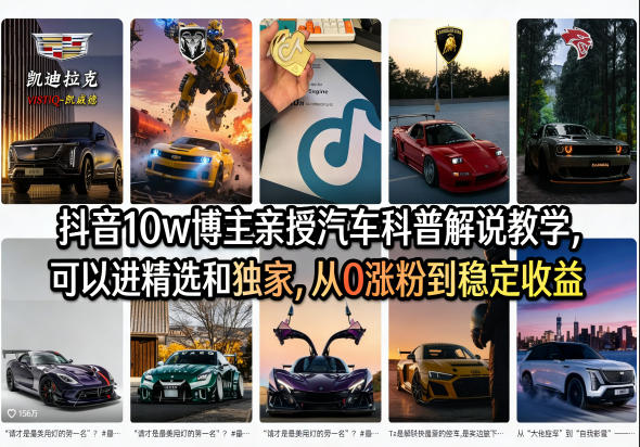 抖音10w博主亲授汽车科普解说教学，可以进精选和独家，从0涨粉到稳定收益（详细视频课程+1T素材）-赚金金-技能学习分享