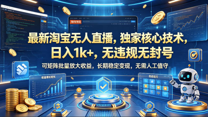 最新淘宝无人直播，独家核心技术，日入1k+，无违规无封号，可矩阵批量放大，长期稳定，无需人工值守【揭秘】-赚金金-技能学习分享