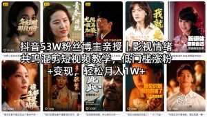 抖音53W粉丝博主亲授｜影视情绪共鸣混剪短视频教学，低门槛涨粉+变现，轻松月入1W+-赚金金-技能学习分享
