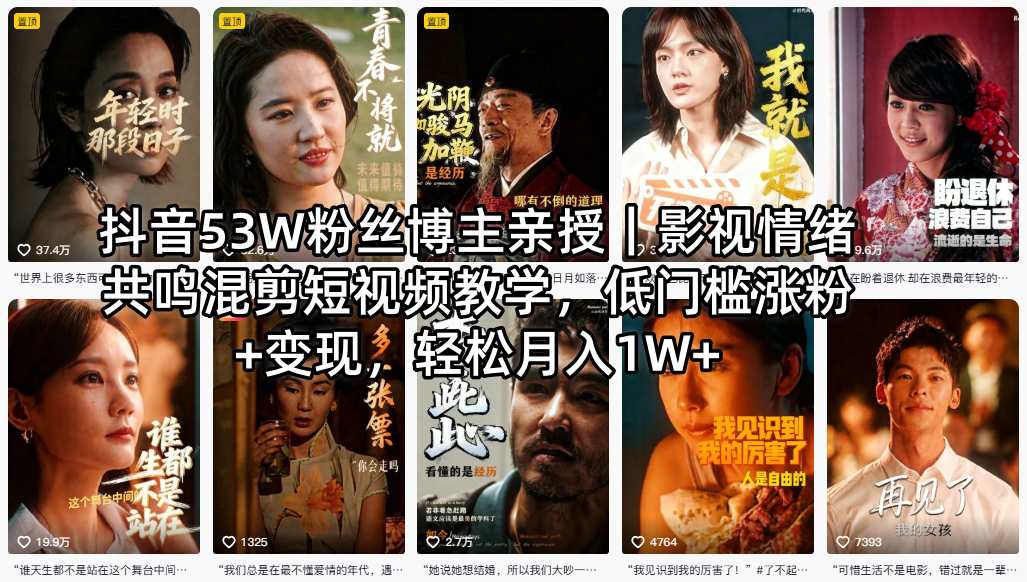 抖音53W粉丝博主亲授｜影视情绪共鸣混剪短视频教学，低门槛涨粉+变现，轻松月入1W+-赚金金-技能学习分享