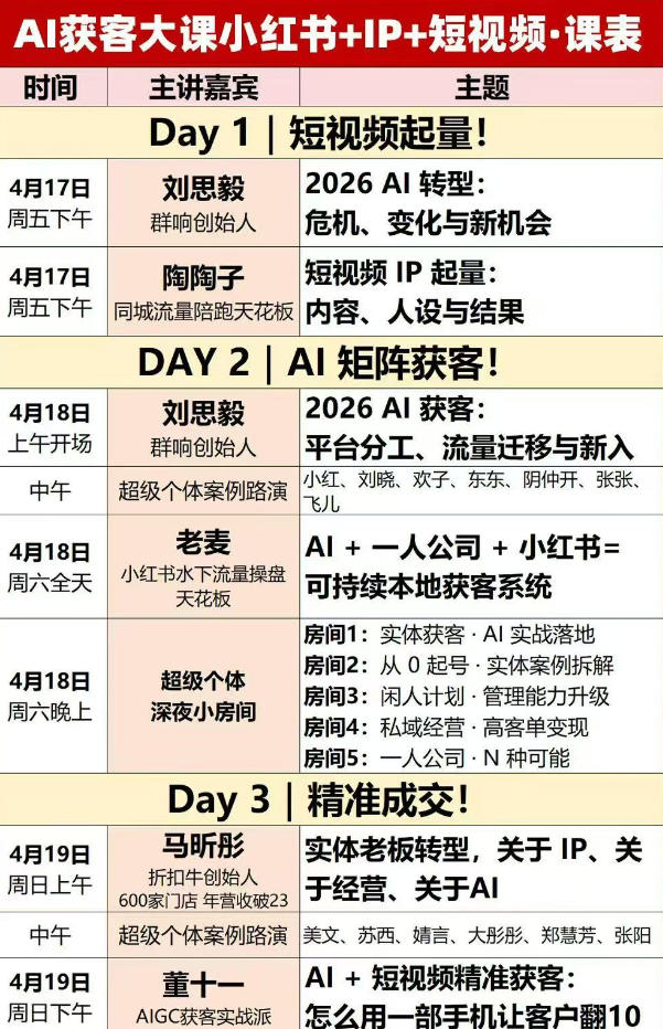 AI获客大课小红书+IP+短视频3天2夜线下课，用最真实的一线案例，最前沿的AI工具，最有效的流量打法（完整版）-赚金金-技能学习分享