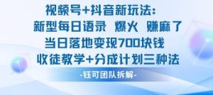 视频号加抖音新玩法：爆火新型每日语录，收徒教学加分成计划，三种变现玩法，当日变现7张-赚金金-技能学习分享