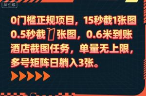 0门槛正规项目,15秒截1张图,0.6米到账,酒店截图任务,单量无上限,多号矩阵日躺入3张【揭秘】-赚金金-技能学习分享