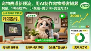 宠物赛道新顶流,用AI制作宠物播客短视频,1周涨粉2W(视频+提示词+变现方法)-赚金金-技能学习分享