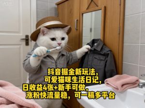 抖音掘金新玩法，可爱猫咪生活日记，日收益4张+新手可做，涨粉快流量稳，可一稿多平台-赚金金-技能学习分享